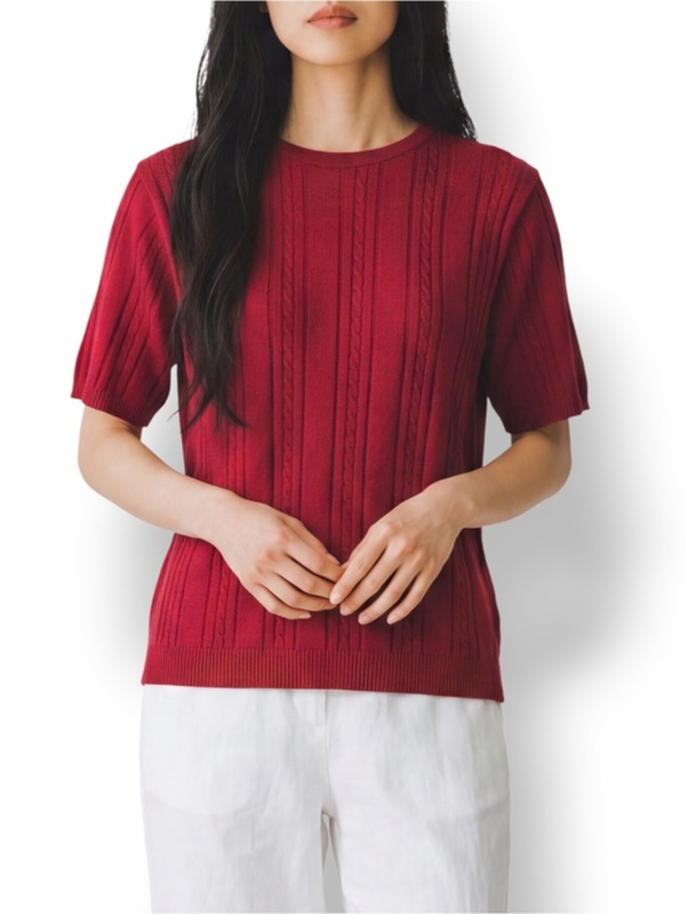 4/$20 Vintage Alfred Dunner Petite Red Cable Knit Short Sleeve Sweater PL